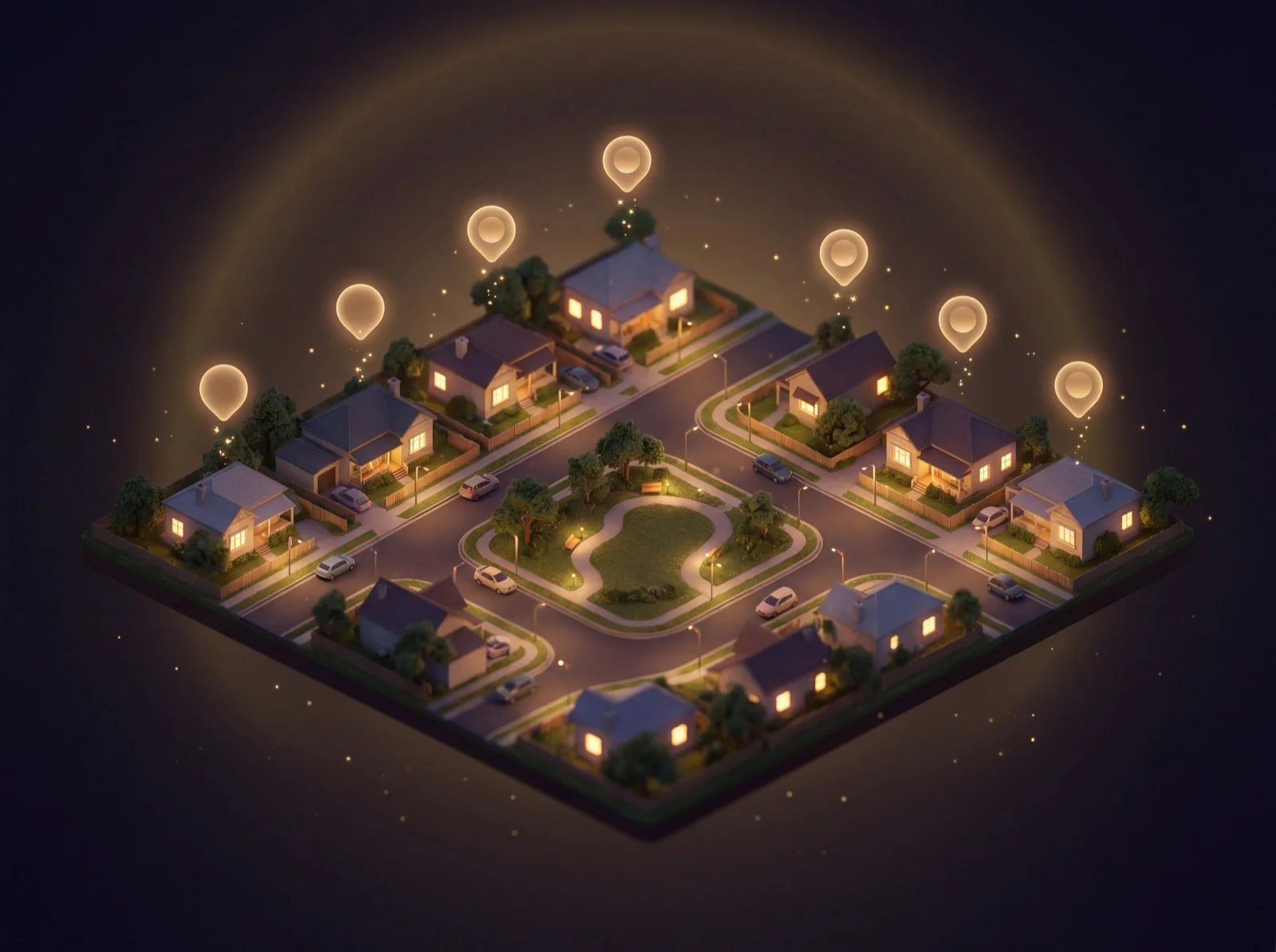A 3D rendered top-down view of an Australian suburban neighborhood at night, with several gold pin-orbs floating above active homes.