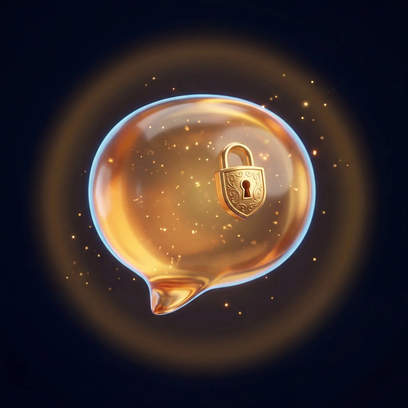 A glowing translucent chat bubble with a gold padlock emblem integrated into its surface, suspended in dark obsidian space.