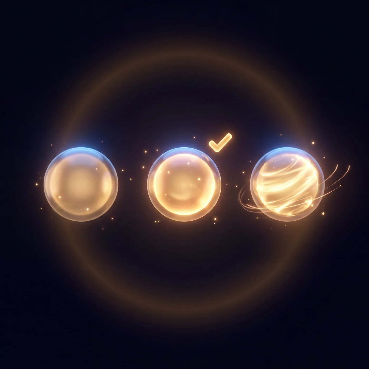 Three glowing translucent orbs in a row at different intensities — calm on the left, brighter with a checkmark in the middle, brightest with motion trails on the right.