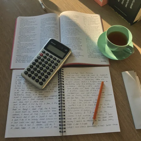 Study desk with maths textbook and calculator