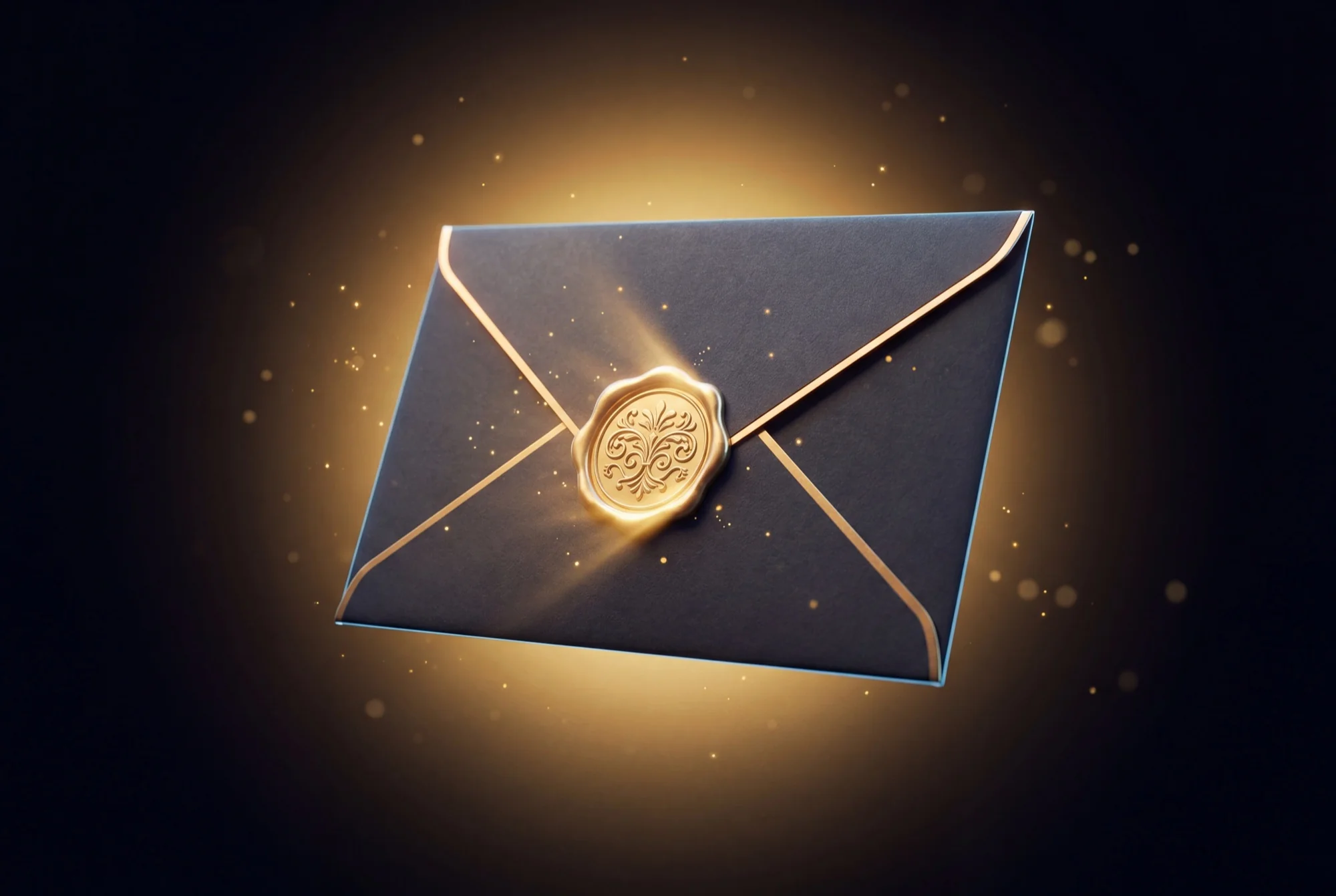 A premium dark envelope with a glowing gold wax seal in the centre, surrounded by a warm halo and gold sparkles — the AURA TWIN pilot invitation.