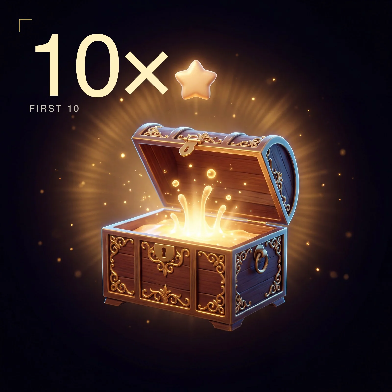 10× multiplier — founding cohort tier. A glowing open treasure chest with a floating gold star above it.