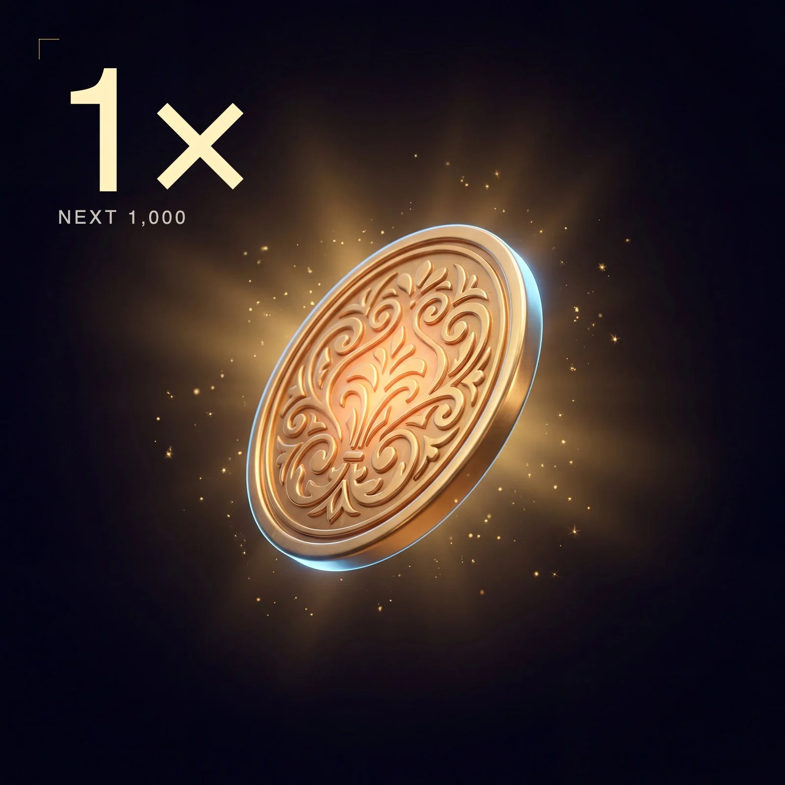 1× multiplier — general launch tier. A single ornate gold medallion floating in space.