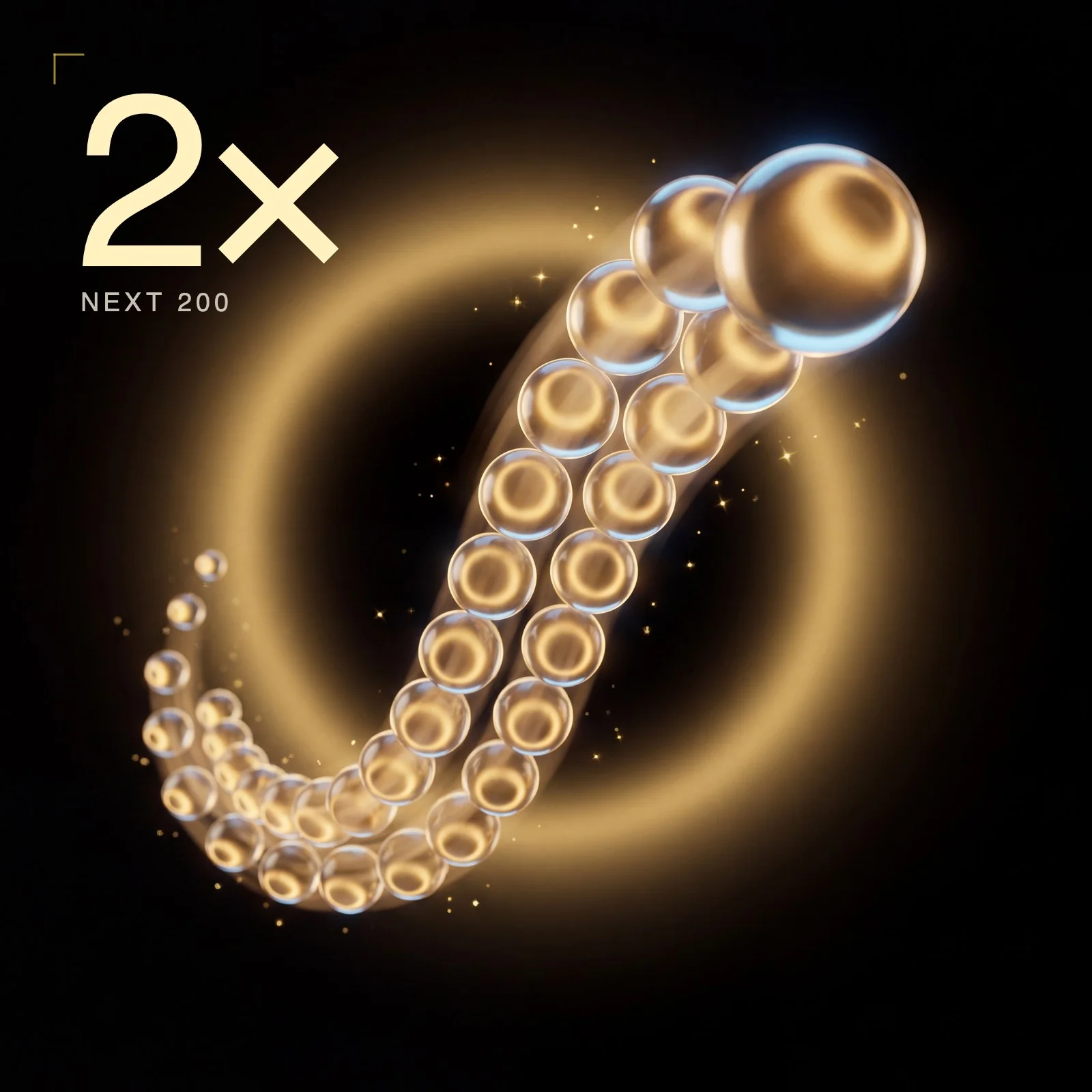 2× multiplier — pilot wave tier. A graceful sweeping wave of small gold orbs flowing forward.