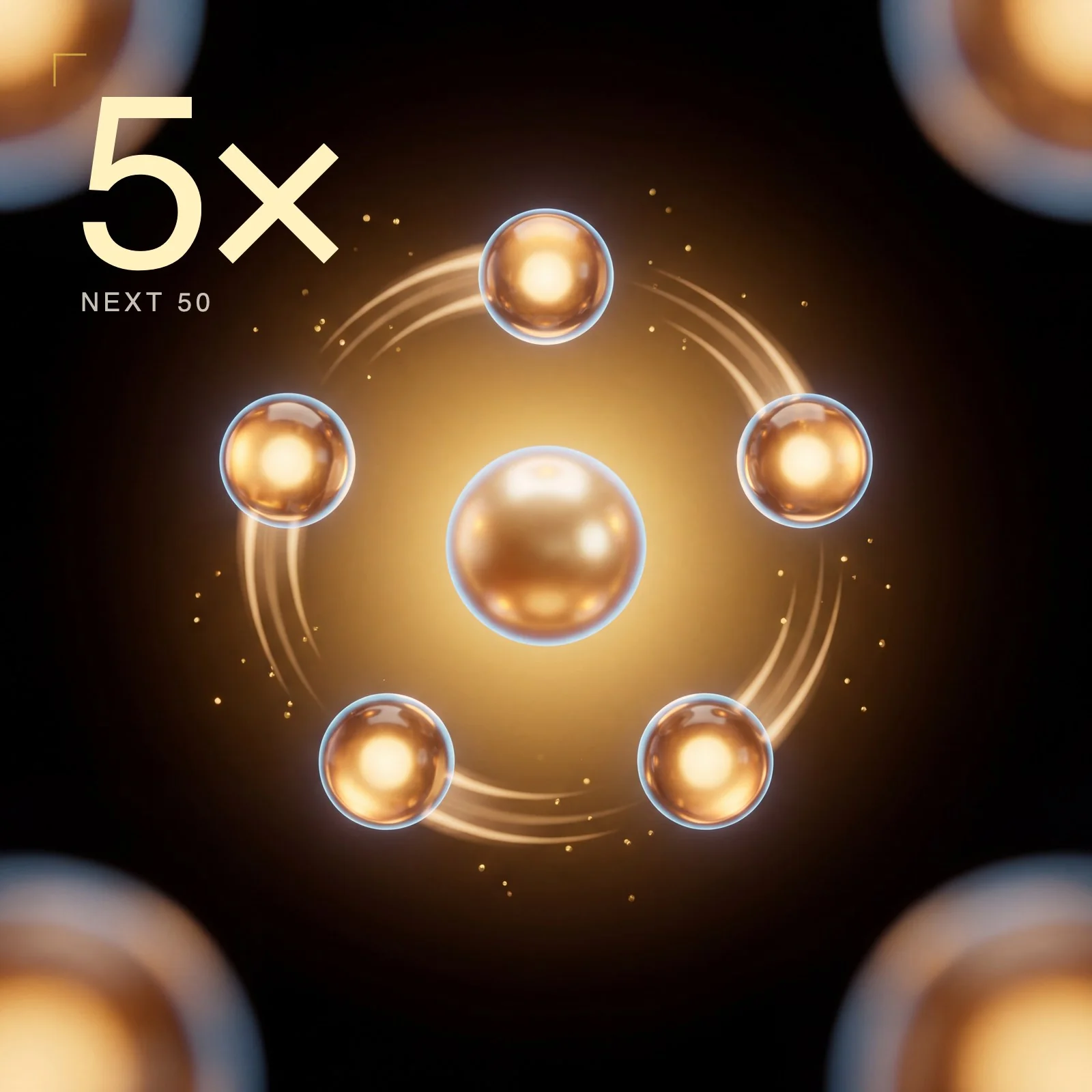 5× multiplier — inner ring tier. Five small orbs orbiting a central glowing pearl.